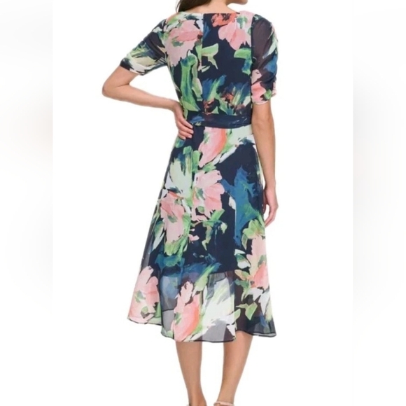 DKNY Tie Waist Floral Print Dress Short Sleeve Lined Women's Size 10 - Picture 2 of 8